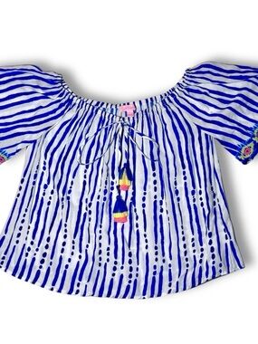 Blue crush Lilly Pulitzer Blue & White Striped Peasant Blouse with Tassels